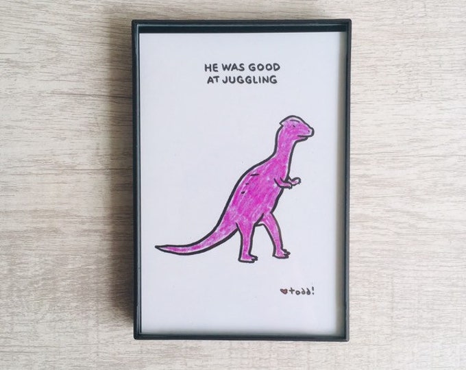 He was good at juggling, 4x6 inch print, ink & crayon, dinosaur, chance operations, art, drawing, minimal, Basic Forms, toy dinosaur