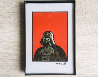 May include: A framed illustration of Darth Vader, a character from Star Wars, in black and white with a red background. The illustration is signed "todd!" in the bottom right corner.