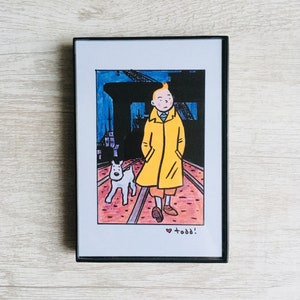 Art, Tintin and Snowy, Print, 4 x 6 inches, comics, movies, cartoon, Tintin, Herge, dog, framed artwork, illustration, wall decor