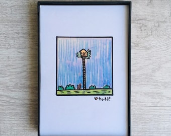 Pode incluir: Um desenho emoldurado de uma casa na árvore alta com um telhado amarelo, cercada por arbustos verdes. O fundo é uma lavagem de aquarela azul e roxa. O desenho é assinado "todd!" no canto inferior direito.
