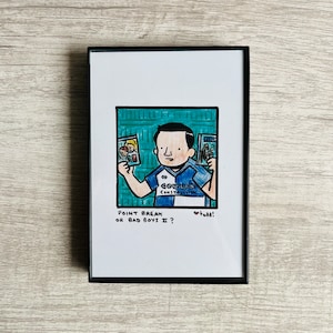 May include: A hand-drawn illustration of a person holding two movie cases. The person is wearing a blue and white jersey with the text "COWLINS CONSTRUCTION" on it. The text below the image reads "POINT BREAK OR BAD BOYS II?" and "todd!"