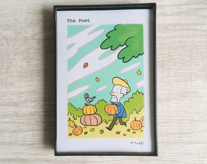 The Poet - Pumpkin Picking - 4x6 inch print, art, drawing, minimalist, falling leaves, October, Halloween