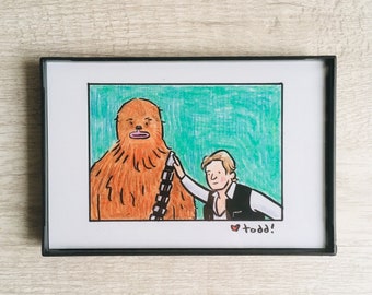 Star Wars - Han Solo and Chewbacca, 4 x 6 inch Print, Crayon Drawing, Movies, Pop Culture, Wall Decor, George Lucas, Jedi