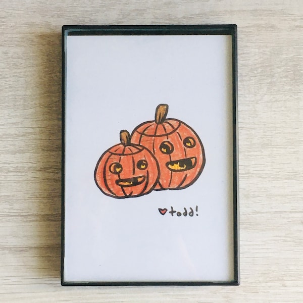 Two Pumpkins Halloween Art Print – Ink & Crayon Jack O Lantern Autumn Decor (4x6)