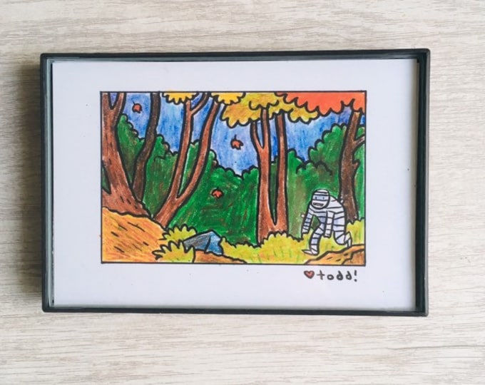 Mummy in the woods Print, 4 x 6 inches, Todd Webb, Toddbot, Wall Decor, Gift Idea, Monster, Drawing, Art, Funtastrophe