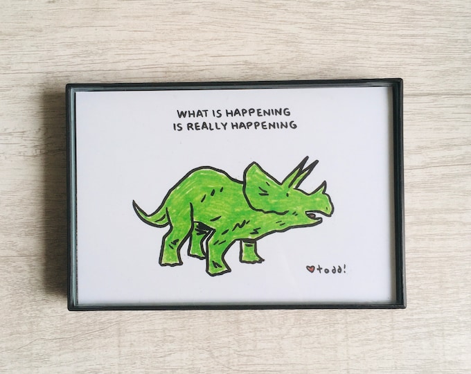 What is happening is, 4x6 inch print, ink & crayon, dinosaur, chance operations, art, drawing, minimalist, Basic Forms, toy dinosaur
