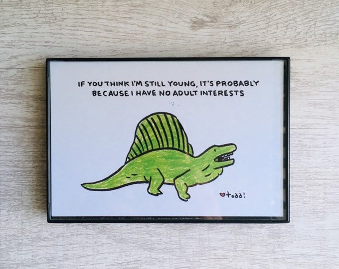 No Adult Interests, 4x6 inch print, ink & crayon, dinosaur, chance operations, art, drawing, minimalist, Basic Forms, toy dinosaur