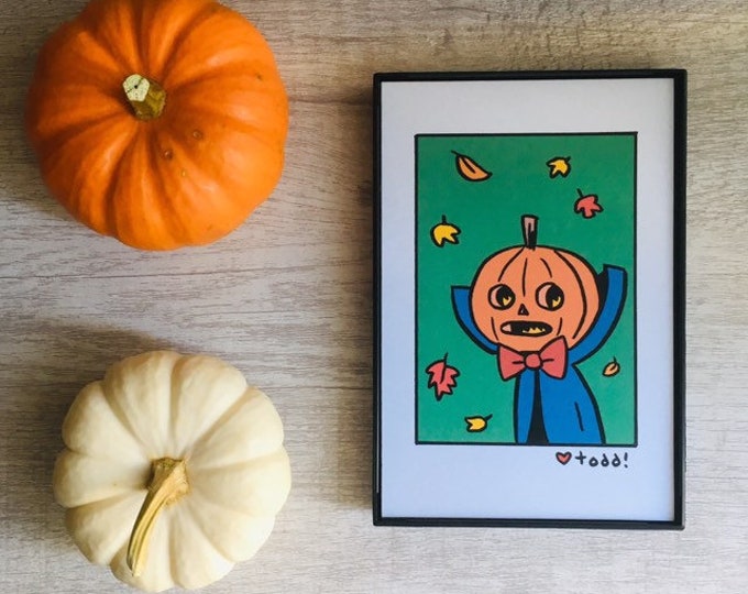 Pumpkin Head with Leaves, 4x6 inch print, art, drawing, minimalist, falling leaves, pumpkin, October, Halloween, bow tie