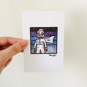 May include: A hand-drawn illustration of a cartoon character wearing a white mask and a white jumpsuit with a cape. The character is standing in front of a dark blue and purple background with waves. The illustration is signed "todd!" in the bottom right corner.