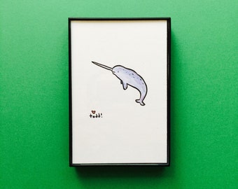 Art, Narwhal, 4 x 6 inch Print, ink and crayon drawing