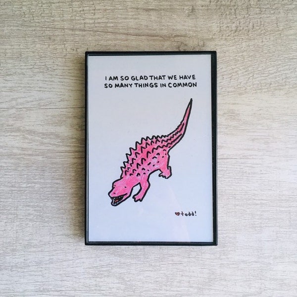 I am so glad that we have so many things in common, 4x6 inch print, ink & crayon, dinosaur, basic forms, art, drawing, minimalist