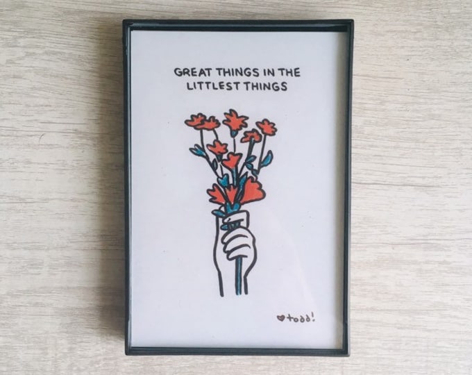 Great things in the littlest things - 4x6 inch print, ink & crayon, Basic Forms, chance operations, art, drawing, minimalist, flowers