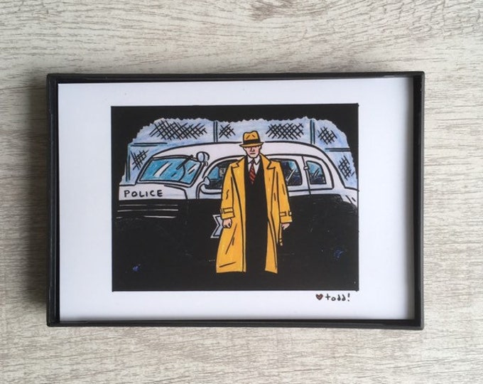 Art, Dick Tracy, 4 x 6 inch Print, ink and crayon drawing, Warren Beatty, hole in wall, trench coat, yellow hat, movies