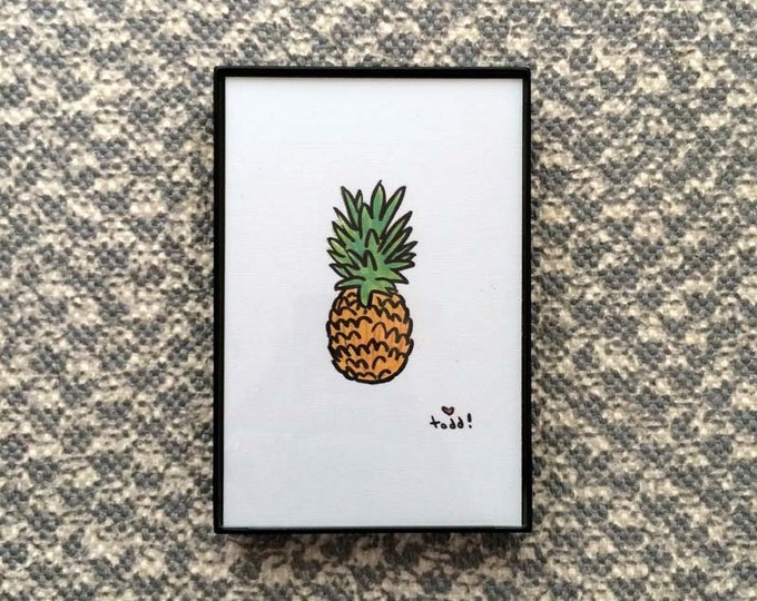 Art, Print, Pineaple, 4x6 inches, pineapple, framed artwork, wall decor, fruit, tropical, ink and crayon, original drawing, summer, yellow