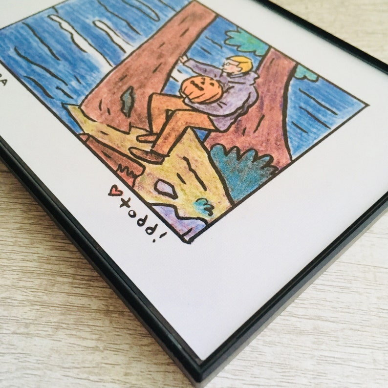 May include: A hand-drawn illustration of a person holding a carved pumpkin in a woodland setting. The person is wearing a purple jacket and brown trousers. The illustration is framed in black and has the text "p.p.o.t!" written in pink at the bottom.