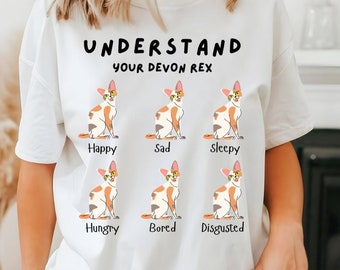 Maglietta unisex Devon Rex per amanti dei gatti: un regalo divertente che esprime le emozioni dei gatti.