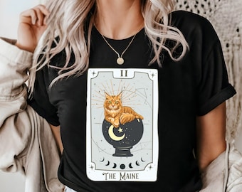 Maglietta con i tarocchi del Maine Coon, divertente maglietta per gli amanti dei gatti