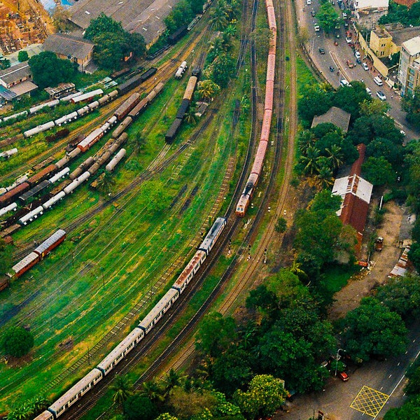 Colour 35mm film, Bird eye view of trains in Sri Lanka. Printable Digital Download. 8.5" x 11.7"