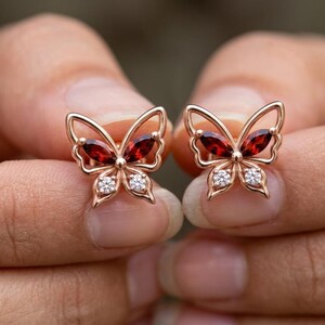18k Solid Gold Garnet Butterfly Stud Earrings, Diamond Cartilage Earrings, Garnet Push Back Studs, Rose Gold Jewelry for Her