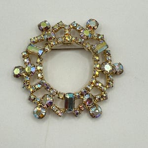 Vintage Aurora Borealis Rhinestone Brooch: Gold-Tone MCM Statement Jewelry