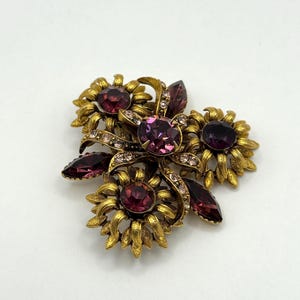 Vintage Gold-Tone Floral Brooch with Amethyst Purple Rhinestones and Accents | Bold Statement Costume Jewelry