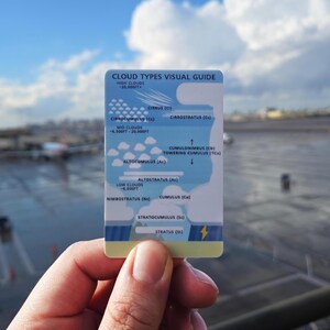 May include: A rectangular card titled "CLOUD TYPES VISUAL GUIDE" held in a hand. The card features a blue and white design with illustrations and labels for different cloud types, including Cirrus, Cumulus, and Stratus. The card also includes altitude ranges in feet.