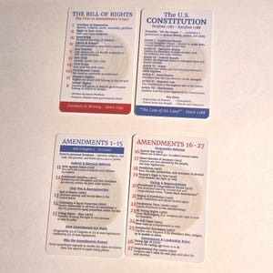 Pode incluir: Quatro cartões que exibem informações sobre a Constituição dos EUA e suas emendas. Os cartões apresentam texto sobre a Declaração de Direitos, a Constituição e as emendas 1-27, com datas e tópicos importantes.