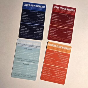 May include: Four workout cards with exercise routines. The cards are labeled "Lower Drive Workout", "Upper Power Workout", "Flex & Recover Routine", and "Stamina Flow Workout". Each card lists exercises with bodyweight and weight options.