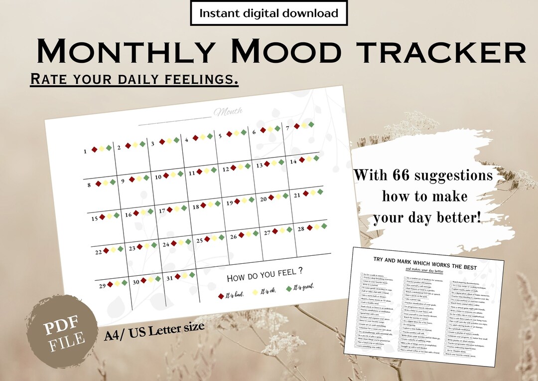 Monthly Mood Calendar Printable PDF | Mood Tracker| Feelings Tracker| Self Care Chart ...
