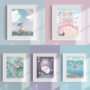 Impresión de arte de anime ilustrado: arcoíris pastel, arte de pared suave, lindos personajes de animales en trozos, decoración del hogar, kawaii