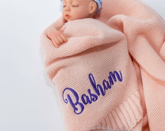 Personalized Knit Baby Blanket | Embroidery Gift for Baby Shower | Stroller Blanket | Monogrammed Newborn Baby Gift | Pink Soft Cotton Knit