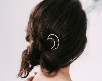 Brass Crescent Moon Hair Pin, Modern Brass Hair Pin, Simple Metal Pin, Moon Hair Stick, Witchy Gift, Gift for Her - Brass Crescent Hair Pin