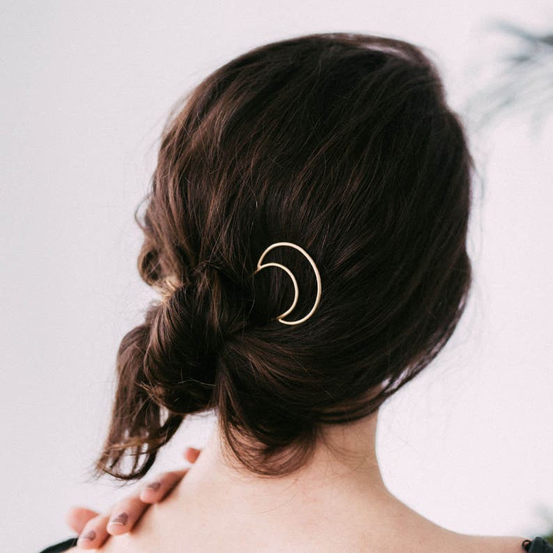 Brass Crescent Moon Hair Pin, Modern Brass Hair Pin, Simple Metal Pin, Moon Hair Stick, Witchy Gift, Gift for Her Brass Crescent Hair Pin image 1