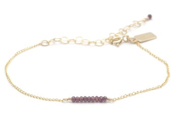 Tiny Garnet Bracelet, Tiny Gold Beaded Chain Bracelet, Delicate, Dainty 14k Gold Fill Layering Bracelet - Garnet Ellipsis Bracelet