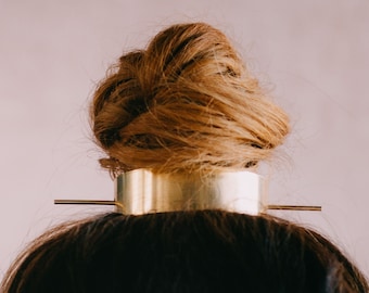 Brass Top Knot Hairpin, Modern Hair Slide, Metal Hair Accessory, Minimal Brass Hair Pin, Messy Bun Cover - Top Knot Crown Hair Pin