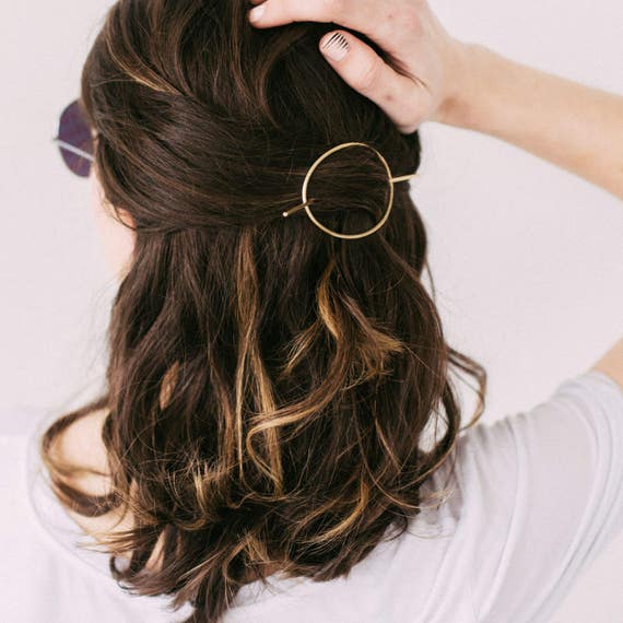 Minimal Brass Hair Pin, Round Hair Piece, Simple Hair Accessory, Curly Hair,  Textured, Thick Hair, Brass Hairpin Brass Orbital Hair Pin 