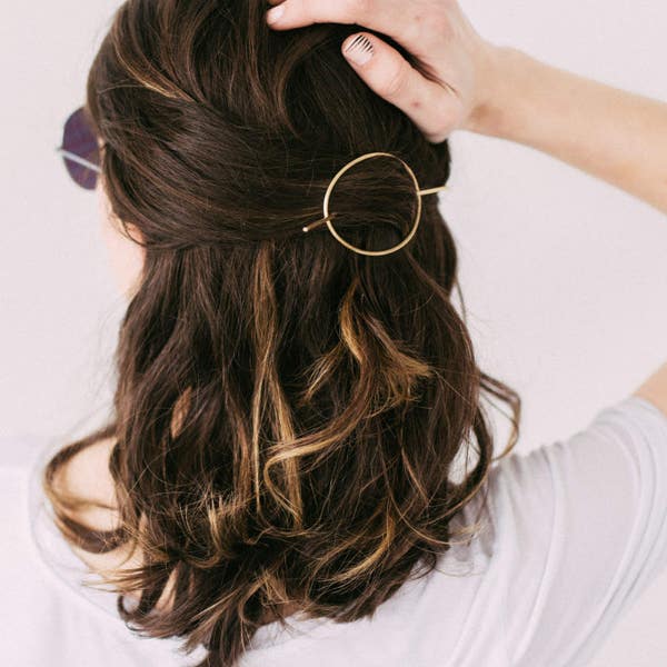 Minimal Brass Hair Pin, Round Hair Piece, Simple Hair Accessory, Curly Hair, Textured, Thick Hair, Brass Hairpin - Brass Orbital Hair Pin