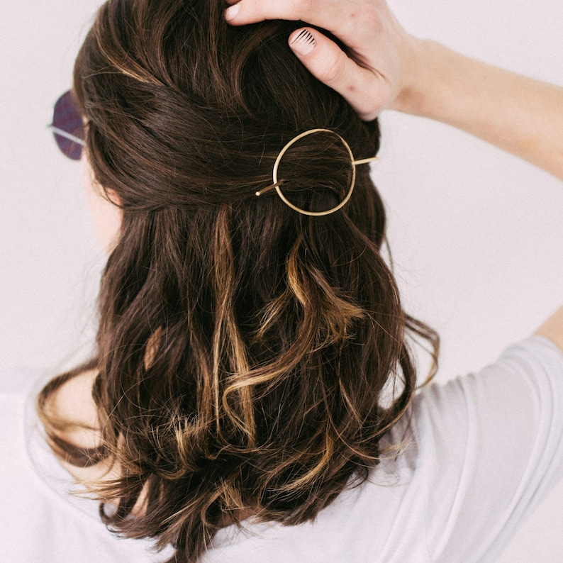 Minimal Brass Hair Pin, Round Hair Piece, Simple Hair Accessory, Curly Hair, Textured, Thick Hair, Brass Hairpin Brass Orbital Hair Pin image 1