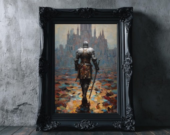 Gothic Cathedral Knight Wall Art, Medieval Warrior Oil Painting Print, Digital Download