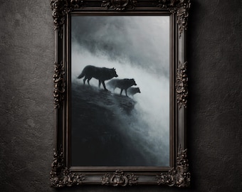 Arte de pared imprimible de lobos, siluetas de manada en el borde de un acantilado brumoso, impresión gótica de un desierto melancólico.