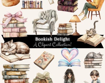 Watercolor Book Clipart Bundle: 20 Retro Bookish PNG Designs (Digital Download)