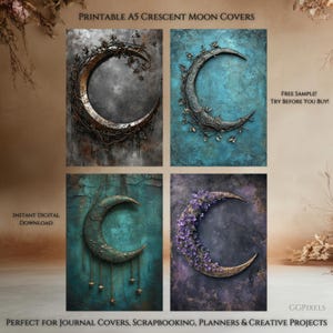 May include: Four printable A5 crescent moon covers with different backgrounds and embellishments. The backgrounds are gray, blue, teal, and purple. The moons are all gold with vines and flowers.