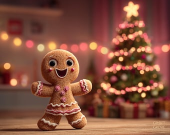 Puede incluir: Un hombre de jengibre sonriente con detalles de glaseado blanco y acentos rosas se encuentra frente a un árbol de Navidad adornado con luces parpadeantes. La escena festiva incluye una estrella y regalos envueltos.