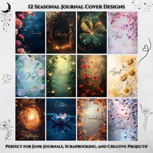 May include: Twelve digital journal cover designs featuring a variety of nature-inspired themes for each month of the year. The designs include flowers, leaves, and other natural elements.