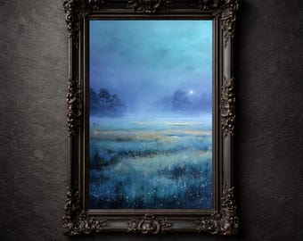 Arte de pared imprimible de prado brumoso, paisaje de campo iluminado por la luna azul, impresión decorativa de noche melancólica y onírica