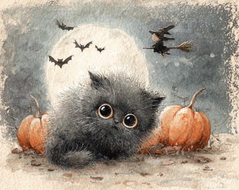 Watercolor Kitten Halloween Postcard: Retro Witch, Pumpkins & Full Moon