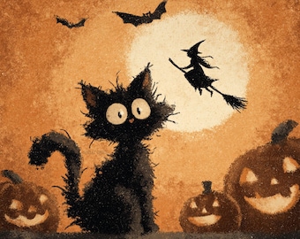 Cartolina di Halloween con gatto nero spettrale: strega retrò e zucche