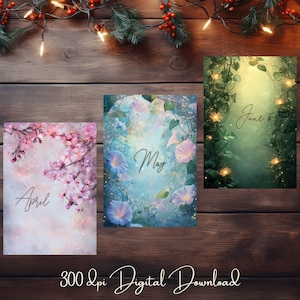 May include: Three digital printable cards featuring floral designs and the months of April, May, and June. The April card features pink cherry blossoms, the May card features blue morning glories, and the June card features green vines with yellow lights.
