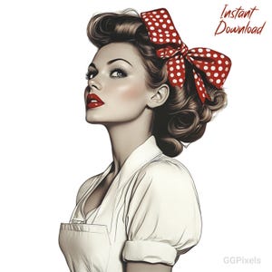 Vintage Pin-Up Woman Clipart Retro 1950s Housewife PNG Rockabilly Aesthetic Illustration Sublimation Artwork Digital Download