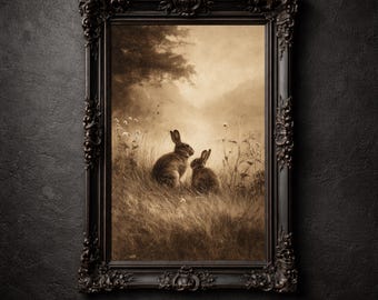 Impresión de pareja de conejos, romance en prado sepia, imprimible de estilo cottagecore oscuro, decoración de pared primaveral